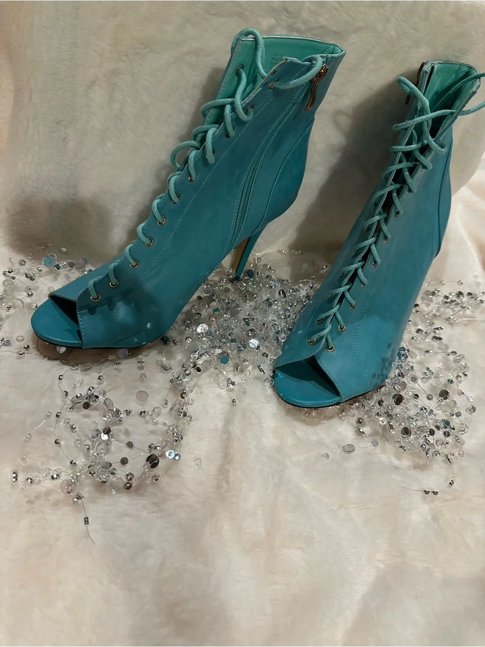 Open-Toe Lace-Up Teal Women’s Booties - Picture 1 of 5